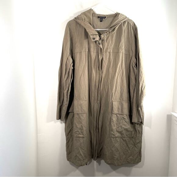 Eileen Fisher Anorak Hooded Jacket Organic Cotton Blend Khaki 1X Lightweight - Picture 1 of 14